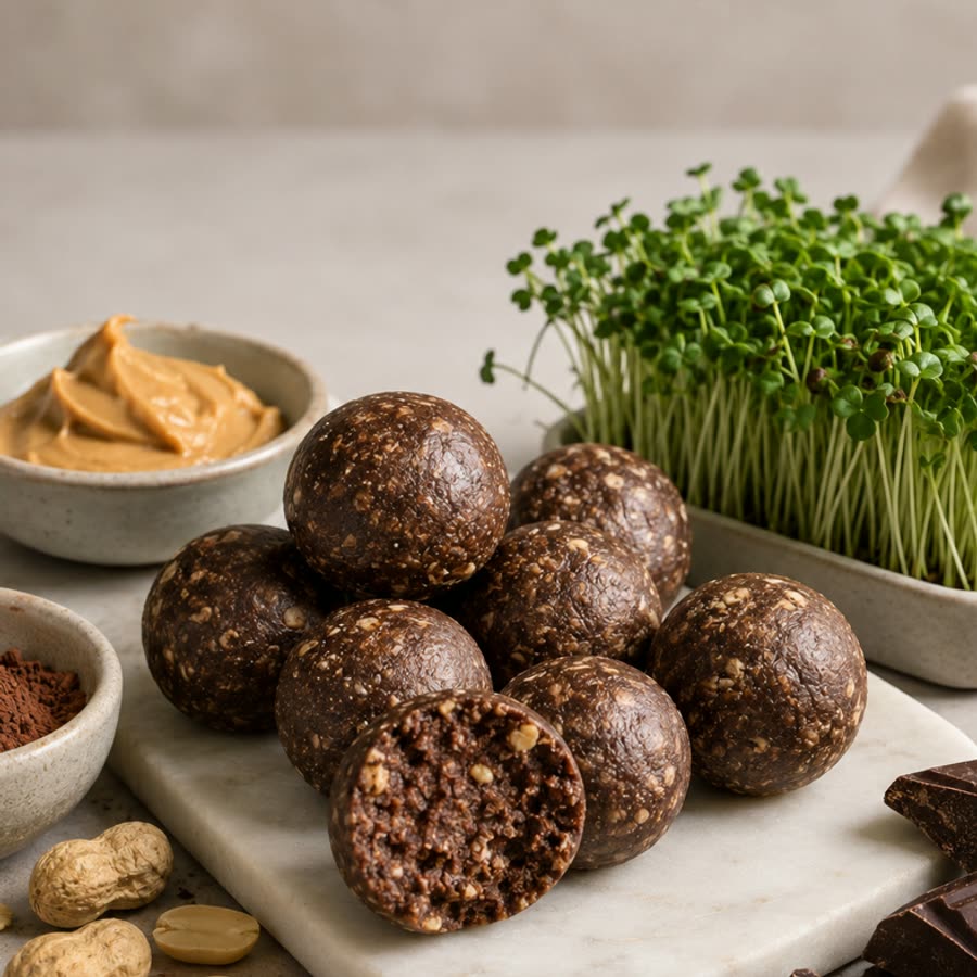 Chocolate & Peanut Butter Bites — energy bites made with freshly harvested micro herbs