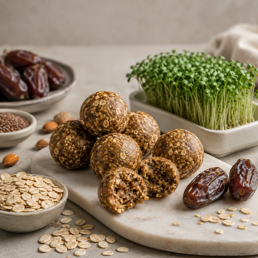 Oats & Dates Energy Bites — energy bites made with freshly harvested micro herbs