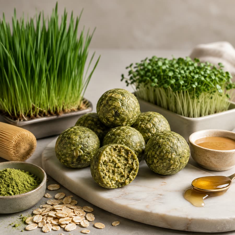 Matcha Oat Energy Balls — energy bites made with freshly harvested microgreens